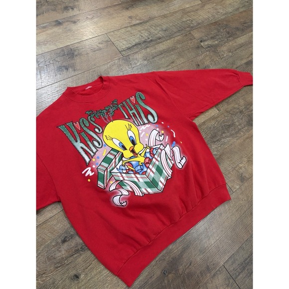 Vintage 90s Tweety Bird Looney Tunes Christmas Crewneck Sweatshirt Red XXL - Picture 4 of 8